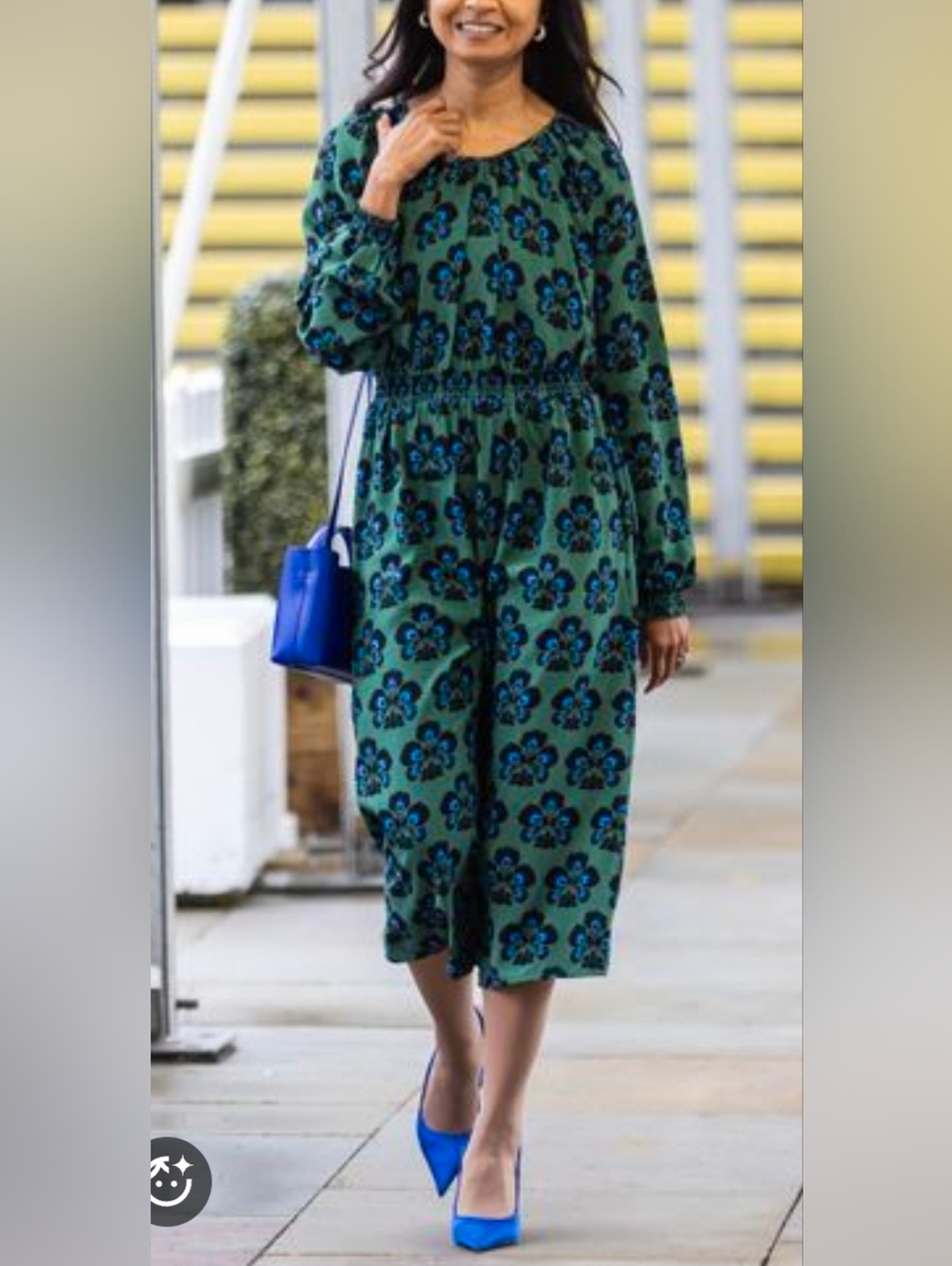 Boden Green Floral Midi Dress with Blue Accents